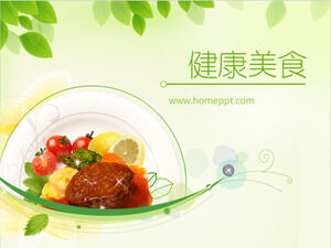 Health care PPT template with elegant green leaves and food background
