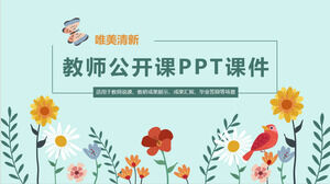Plantilla de material didáctico PPT para clases abiertas de profesores con fondo de dibujos animados de flores, mariposas y pájaros