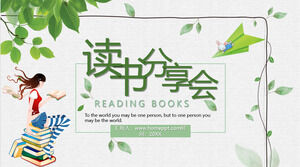 신선한 수채화 잎 배경으로 책 공유 회의를위한 PPT 템플릿