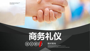 Szablon kursów PPT do szkolenia etykiety biznesowej na tle biznesowego uścisku dłoni