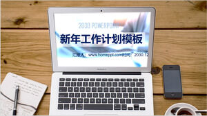 PPT-Vorlage für den Arbeitsplan des neuen Jahres mit Hintergrund aus Holzmaserung des Computerhandys