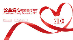 Szablon PPT reklamy charytatywnej z czerwoną wstążką w tle