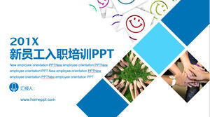 PPT-Vorlage für neue Mitarbeitereinführungsschulung mit blauer Quadratkombination