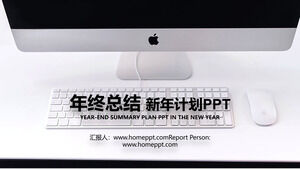 Template PPT rencana kerja Tahun Baru dengan latar belakang komputer Apple hitam dan putih