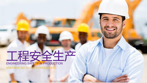 Template PPT untuk produksi keselamatan proyek dengan latar belakang pekerja