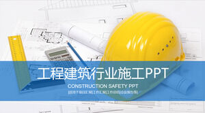 PPT template for safety construction management in the background of safety helmet engineering drawings