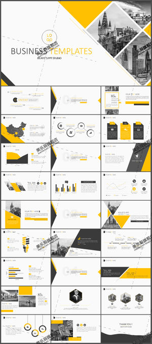 Yellow European and American Building Chart Data Business Background PPT Template