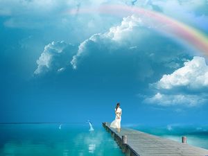 Mavi gökyüzü gökkuşağı sahil iskele kız arka plan resmi