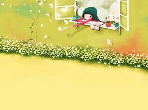 Girl lying on the window with flowers and butterflies Korean cartoon background picture