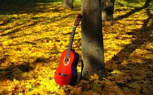 imagen de la guitarra de arce presentación del fondo de oro del otoño