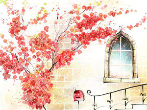 Kırmızı yaprak pencere Kore tarzı slayt arka plan resmi