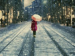 Romantic little girl under the snow ppt background picture