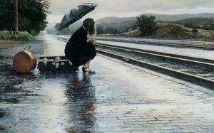 火車站在雨中傘美女PPT後台等待