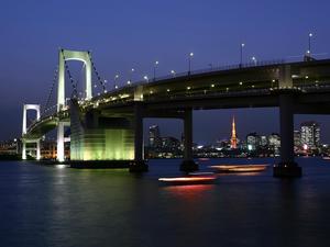 Waterfront night view of the bridge business background picture